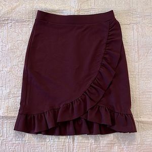 Loft Petites Burgundy Faux Wrap Ruffle Hem Knit Skirt XSP Petite XS 0P